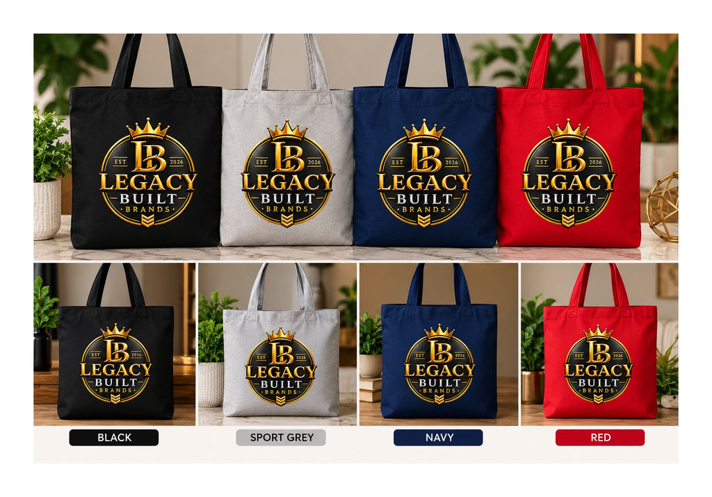 Legacy Built Brands custom canvas tote bags in Sport Grey, Navy, Black, and Red