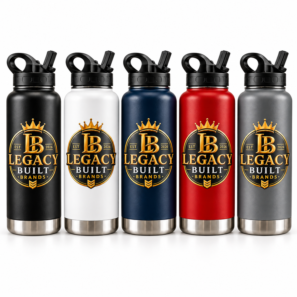 Legacy Built Brands sports bottles in black, white, navy blue, red and sports grey