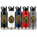 Legacy Built Brands sports bottles in black, white, navy blue, red and sports grey
